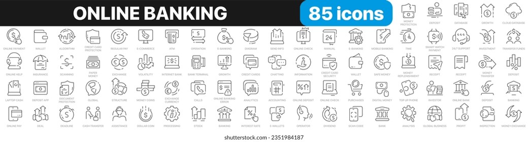 Online banking line icons collection. Wallet, finance, payment, bill, security icons. UI icon set. Thin outline icons pack. Vector illustration EPS10