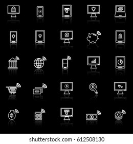 Online banking line icons with reflect on black background, stock vector