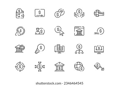Online Banking lines icon set. Online Banking genres and attributes. Linear design. Lines with editable stroke. Isolated vector icons.