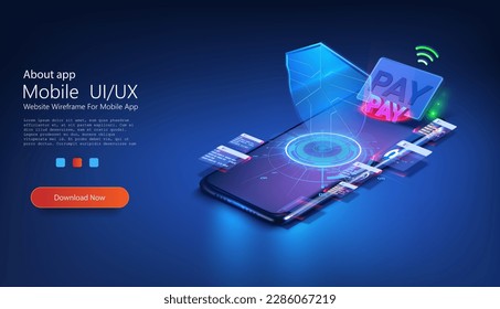 Online banking, login, protection, The concept of a smart wallet with an application for payment by credit and debit cards. Gadget of future, smartphone payment technology. Online payment, security