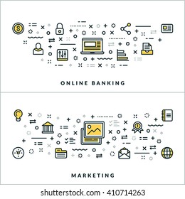 Online Banking and Marketing. Vector Flat Thin Line Illustration for Website Banner or Header. Flat Line Icons and Geometric Design Elements
