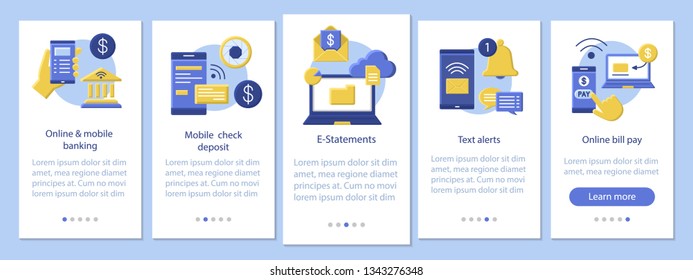 Online Banking Mobile App Page Screen Vector Template. Deposit Check, E-statements, Bill Pay. Finance Management. Flat Design Website Instructions. UX, UI, GUI Smartphone Interface Cartoon Concept