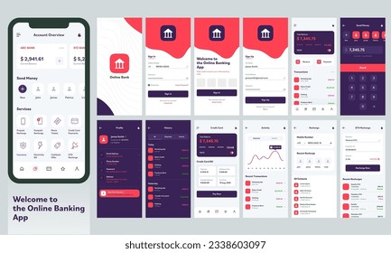 Online Banking Mobile App UI Kit Including as Login, Create Account, User Profile, Transaction, Recharge and Notification Screens.