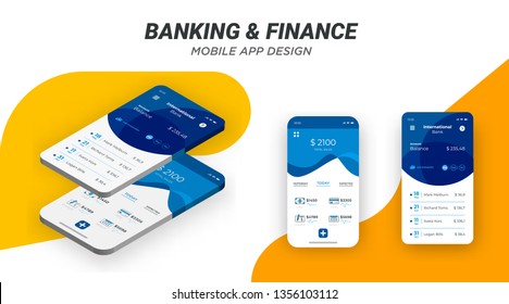 Online banking mobile application design vector template. Editable blue and orange banking app user interface design concept. Modern minimalist Mobile financing mockups. Material UI, UX, GUI screens