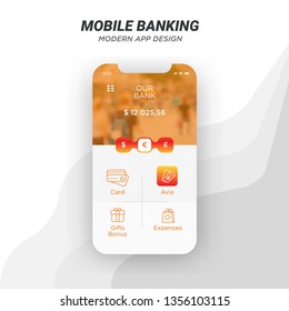 Online banking mobile application design vector template. Editable red and orange banking app user interface design concept. Material UI, UX, GUI screens financing mockups like card, avia, gift bonus