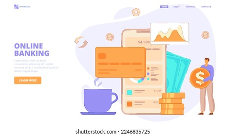 Online banking mobile application illustration vector illustration concept with character and smartphone. Concept for landing page, template, ui, web, mobile app, poster, banner, flyer.