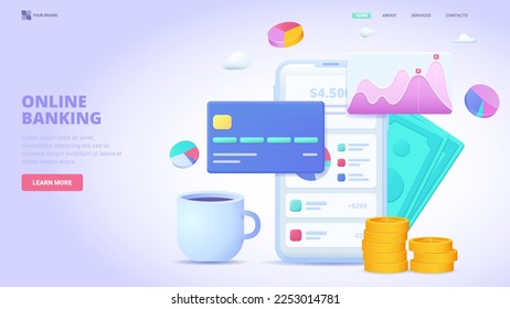 Online banking mobile application illustration vector 3d illustration concept. Three dimensional oncept for landing page, template, ui, web, mobile app, poster, banner, flyer.