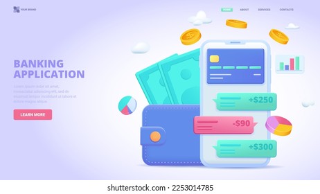 Concepto de ilustración vectorial 3d de la aplicación móvil de banca en línea. Concepto tridimensional para página de inicio, plantilla, ui, web, aplicación móvil, afiche, banner, volante.