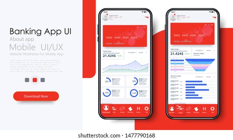 Online Banking Mobile Apps UI, UX, GUI set with wallet, shopping, my Account, fund Transfer, bill payment, products details. Red mobile banking interface vector template. Online payment. E-payment