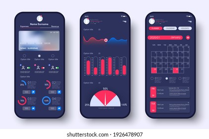 Online Banking Mobile Apps UI, UX, GUI. Analytische Smartphone-App mit Investment und Stock, Finanzstatistiken. Mobile Banking Interface Vektor Template. Statistische Diagramme und Finanzdiagramme