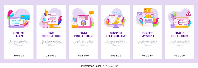 Online Banking, Mobile Bank, Online Loan, Tax Regulation, Direct Payment, Fraud Detection. Mobile App Screens. Vector Banner Template For Website And Mobile Development. Web Site Design Illustration.