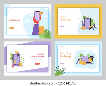 Online Banking Mobile Marketing Landing Page Template. Currency Exchange Financial Technology Concept with Characters and Money for Website or Web Page. Vector illustration