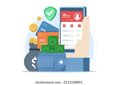 Online banking and mobile payments concept, login to bank account, digital wallet, internet money, savings and finance, mobile banking. Flat vector illustration on background.