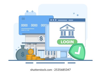 Banca online e conceito de pagamentos móveis, login em conta bancária, carteira digital, dinheiro da internet, poupança e finanças, banca móvel. Ilustração de vetor plano no plano de fundo.