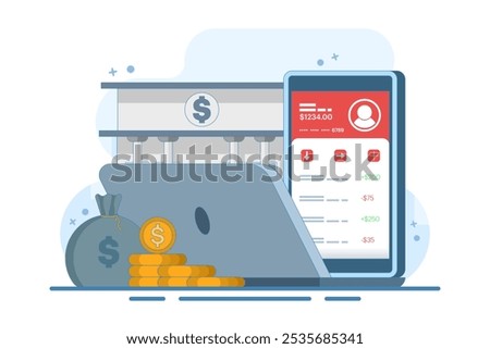 Online banking and mobile payments concept, login to bank account, digital wallet, internet money, savings and finance, mobile banking. Flat vector illustration on background.