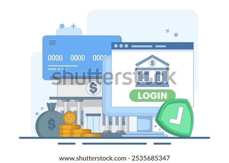 Online banking and mobile payments concept, login to bank account, digital wallet, internet money, savings and finance, mobile banking. Flat vector illustration on background.