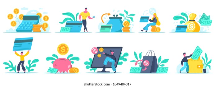 Online banking. Mobile payments, financial transaction and business finance payment. Online money transfer isolated vector illustration set. Character with credit card and purse with banknotes