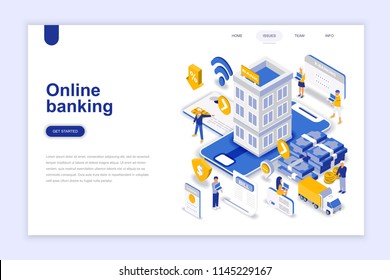 Online banking modern flat design isometric concept. Electronic bank and people concept. Landing page template. Conceptual isometric vector illustration for web and graphic design.