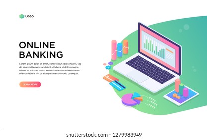 Online banking modern flat design isometric concept. Electronic bank concept. Landing page template. Business and finance conceptual isometric vector illustration for web and graphic design