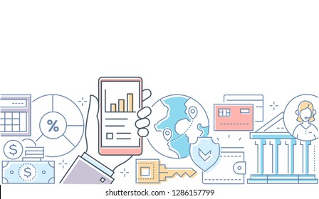 Online banking - modern line design style illustration on white background. A composition with a hand holding a smartphone with financial mobile app, images of cards, coins, key, call center operator