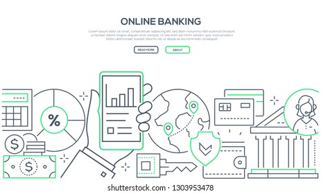 Online banking - modern line design style web banner on white background with copy space for text. A composition with a hand holding a smartphone with financial mobile app, images of cards, coins, key