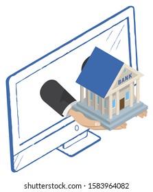 Online banking, modern technologies. Building of bank in human hands. Commerce business, using services through internet. Outline drawn display of computer. Vector illustration in flat style