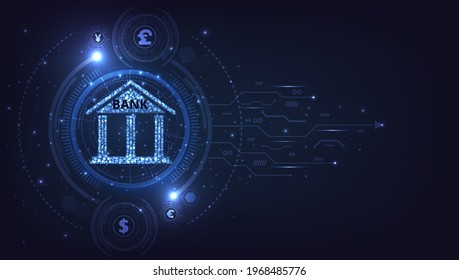 Online banking and money transaction concept.Foreign exchange Bank icon and Capital flow on dark blue technology background.