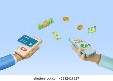 Online banking, money transfer concept. Businessman using smartphone online transfer payment and receive money. Global financial technology. 3D vector.