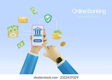 Online banking, money transfer concept. Businessman holding smartphone online transfer money, paying for expenses. Financial technology. 3D vector.