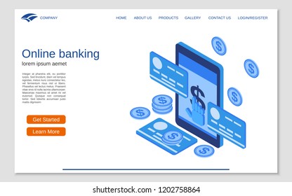 Online banking, money transfer, financial transaction flat 3d isometric vector concept illustration. Website landing page template