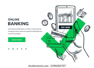 Online banking money transfer and payment. Mobile technology for business and finance concept. Hand drawn vector sketch illustration of mobile phone, bank and credit card