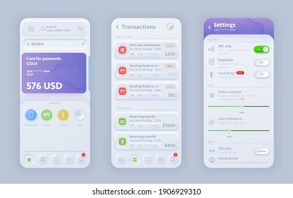 Online banking neomorphic interface vector design for responsive mobile application or website app. UI, UX or GUI user interface templates of wallet, payment card, transaction and setting screens