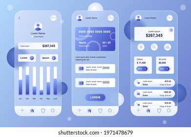 Online banking neumorphic elements kit for mobile app. Accounting in profile, financial statistics graph, credit cards. UI, UX, GUI screens set. Vector illustration of templates in glassmorphic design