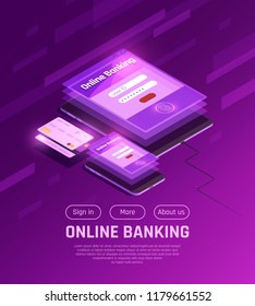 Online banking on mobile devices isometric web page with menu buttons on purple background vector illustration