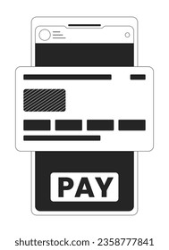 Banca en línea en la pantalla de smartphone bw concepto vector spot ilustración. App 2D caricatura línea plana objeto monocromático para diseño de interfaz de usuario web. Tarjeta de crédito para comprar imagen de héroe de contorno aislado editable