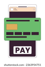 Online banking on smartphone screen flat line concept vector spot illustration. App 2D cartoon outline object on white for web UI design. Credit card for purchase editable isolated color hero image