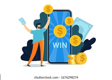 Online banking on your phone. Winner won the money in the application. Big smartphone and a small man. Online win. Vector stock illustration in flat style isolated on white background. Online Reward.