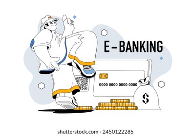 Online banking outline web modern concept in flat line design. Man managing money at financial account, makes online payment in app. Vector illustration for social media banner, marketing material.