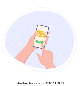 Online-Banking, bezahlen mit Telefon. Mobile Bezahlung für Waren, Dienstleistungen, Shopping über Smartphone. Kreditkarte auf dem Bildschirm, Taste Bezahlung, Smartphone in der Hand. Vektorgrafik