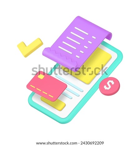Online banking payment digital wallet smartphone app approved purchase receipt 3d icon realistic vector illustration. Internet shopping success buy goods mobile phone application and credit debit card