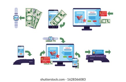 Online Banking and Payment Methods Collection, Financial Transactions via Digital Gadgets, Protection Money Transfer Technology Vector Illustration