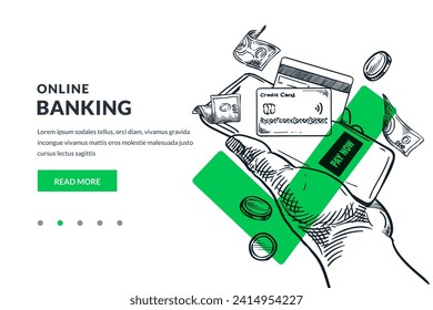 Online banking payment and money transfer. Hand drawn vector sketch illustration of mobile phone and credit card on green check mark background. Mobile technology for business and finance concept