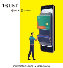 Online banking payment options, Man selects credit card on virtual smart phone screen,  The concept of a smart wallet with an application for payment by credit and debit cards