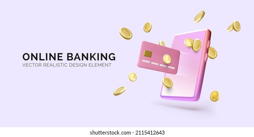 Online banking or payment service banner. Realistic mobile phone with credit card and fly gold coins. Vector illustration