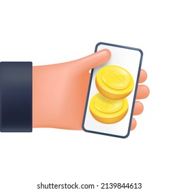Online banking, payment for services, wallet in the phone in the user's hand, 3d style for graphic design. Hand with phone in vector cartoon comic style.