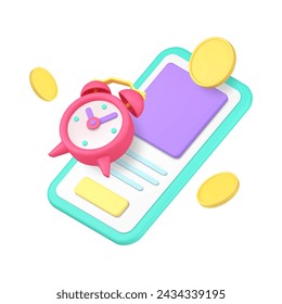 Online banking payment smartphone application reminder 3d icon realistic vector illustration. Regular paying time planning credit loan mortgage deadline financial planner mobile phone notification