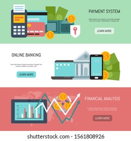 Illustration zur Vektorillustration von Online-Banking, Zahlungssystemen und Finanzanalysen. Webbanner für Online-Zahlungen, Bankgelder und Geschäftstransaktionen - Vorlage für Landingpages und -seiten
