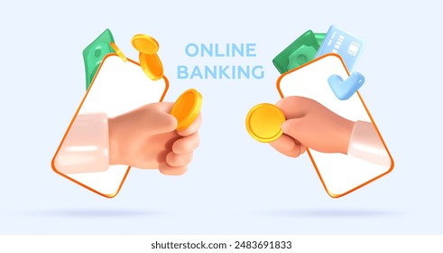 Online banking and online payment using an application or website. Payment concept via mobile phone. Easy and fast transfer of funds, money, cryptocurrency. 3D hands with coins in the phone. Vector