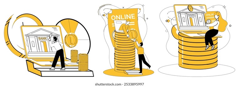 Online banking. People interact with laptops displaying virtual bank interfaces, emphasizing financial management. Ideal for digital money management, financial education, online transactions, modern