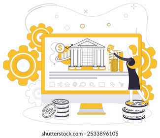 Online-Banking. Menschen, die mit einem Computerbildschirm interagieren, auf dem Symbole für Finanzwachstum und Bankwesen angezeigt werden. Ideal für die Konzepte digitales Finanzwesen, Internet-Banking, Finanzmanagement, Wirtschaft